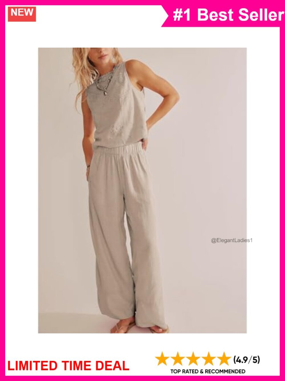 Cotton Linen Wide Leg Palazzo Lounge Trousers Women Pull On - Picture 2 of 6